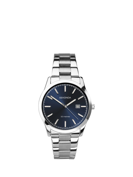Sekonda 1943 Men's Taylor Date Bracelet Strap Watch, Silver/Blue, Silver
