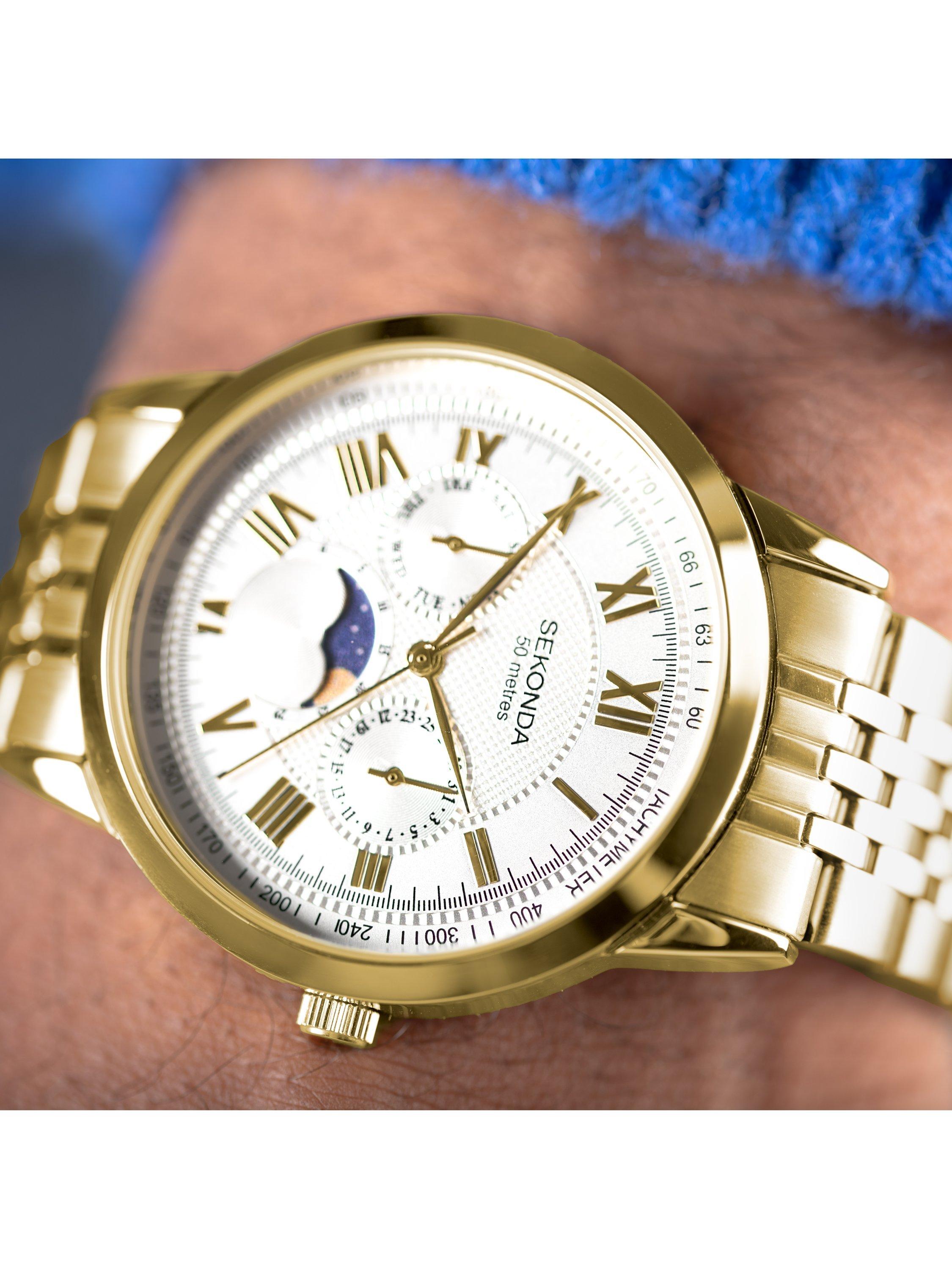 Product image 6 of 7, which shows Sekonda Men's Moonphase Tachymeter Bracelet Strap Watch, Gold 30228