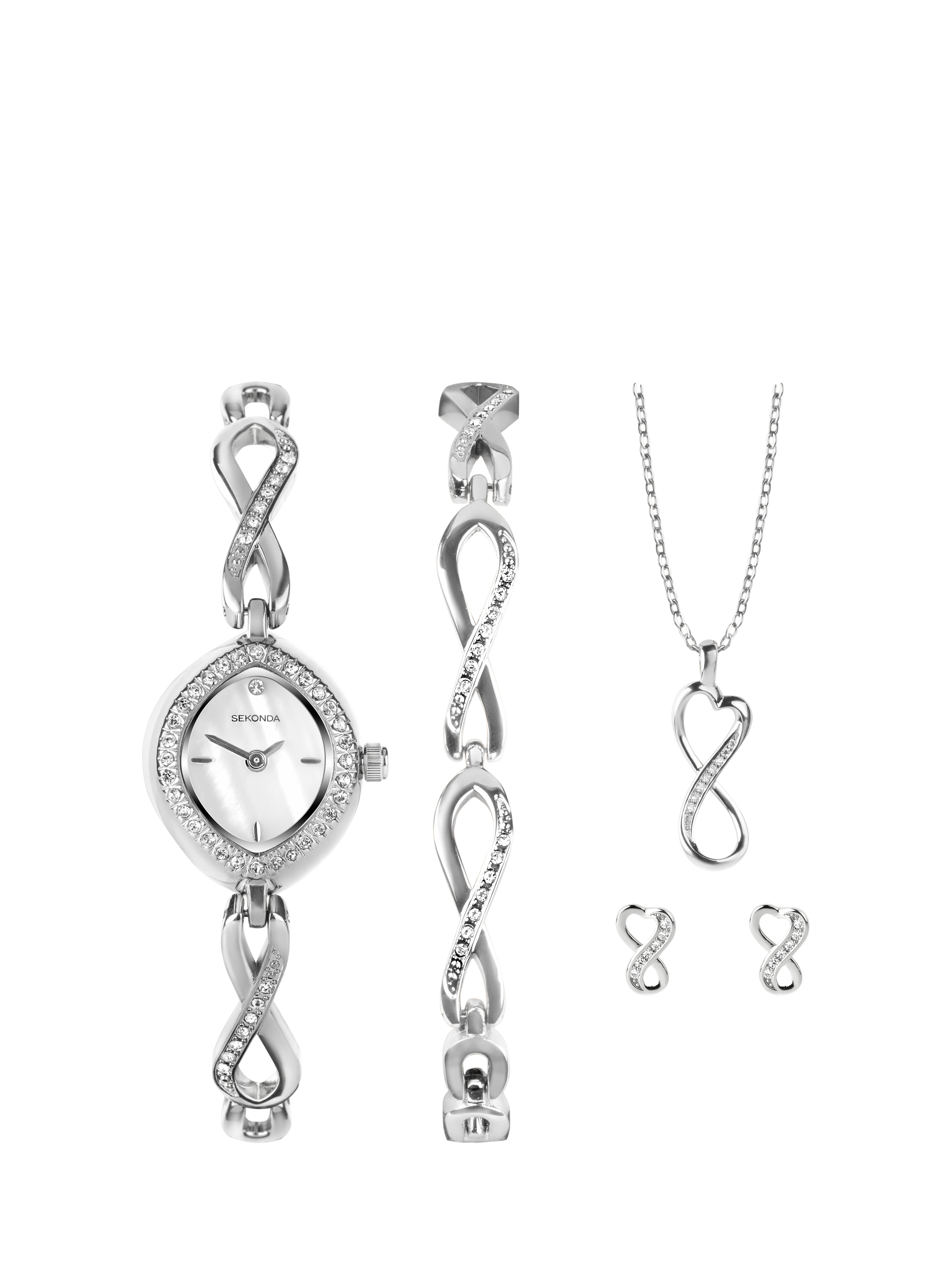 Product image 1 of 8, which shows Sekonda Women's Infinity Watch, Bracelet, Pendant Necklace and Stud Earrings Gift Set, Silver