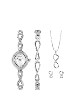 Sekonda Women's Infinity Watch, Bracelet, Pendant Necklace and Stud Earrings Gift Set, Silver