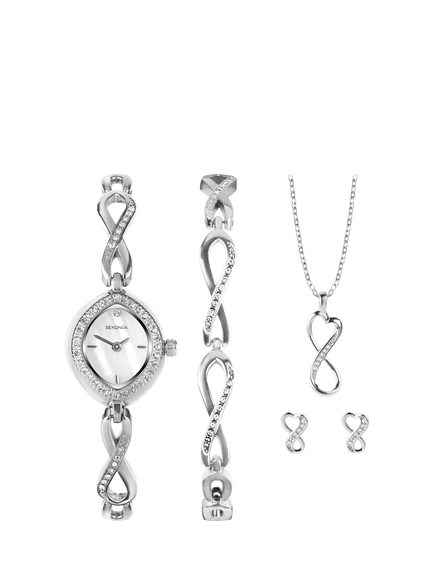 Sekonda Women's Infinity Watch, Bracelet, Pendant Necklace and Stud Earrings Gift Set, Silver