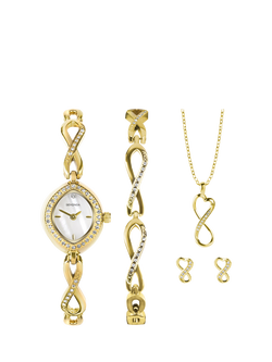 Sekonda Women's Infinity Watch, Bracelet, Pendant Necklace and Stud Earrings Gift Set, Gold