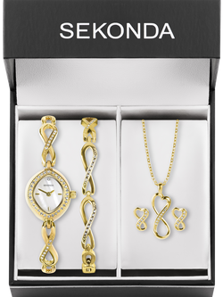 Sekonda Women's Infinity Watch, Bracelet, Pendant Necklace and Stud Earrings Gift Set - view 2, Gold
