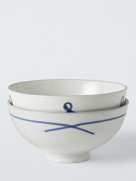 John Lewis Hand Painted Loop & Cross Stoneware Rice Bowls, Set of 2, 11cm, Blue/Multi - view 2, Multi Blue