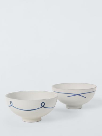 John Lewis Hand Painted Loop & Cross Stoneware Rice Bowls, Set of 2, 11cm, Blue/Multi, Multi Blue