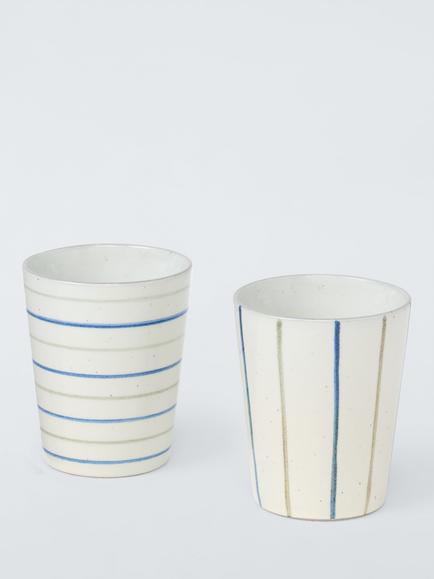 John Lewis Hand Painted Stripe Stoneware Cups, Set of 2, 236ml, Blue/Multi, Multi Blue