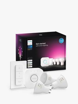 Philips Hue White and Colour Ambiance Wireless Lighting LED Starter Kit with 3x GU10 Bulbs with Bluetooth, Dimmer Switch & Bridge, White/Multi
