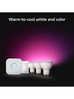 Philips Hue White and Colour Ambiance Wireless Lighting LED Starter Kit with 3x GU10 Bulbs with Bluetooth, Dimmer Switch & Bridge - view 2, White/Multi
