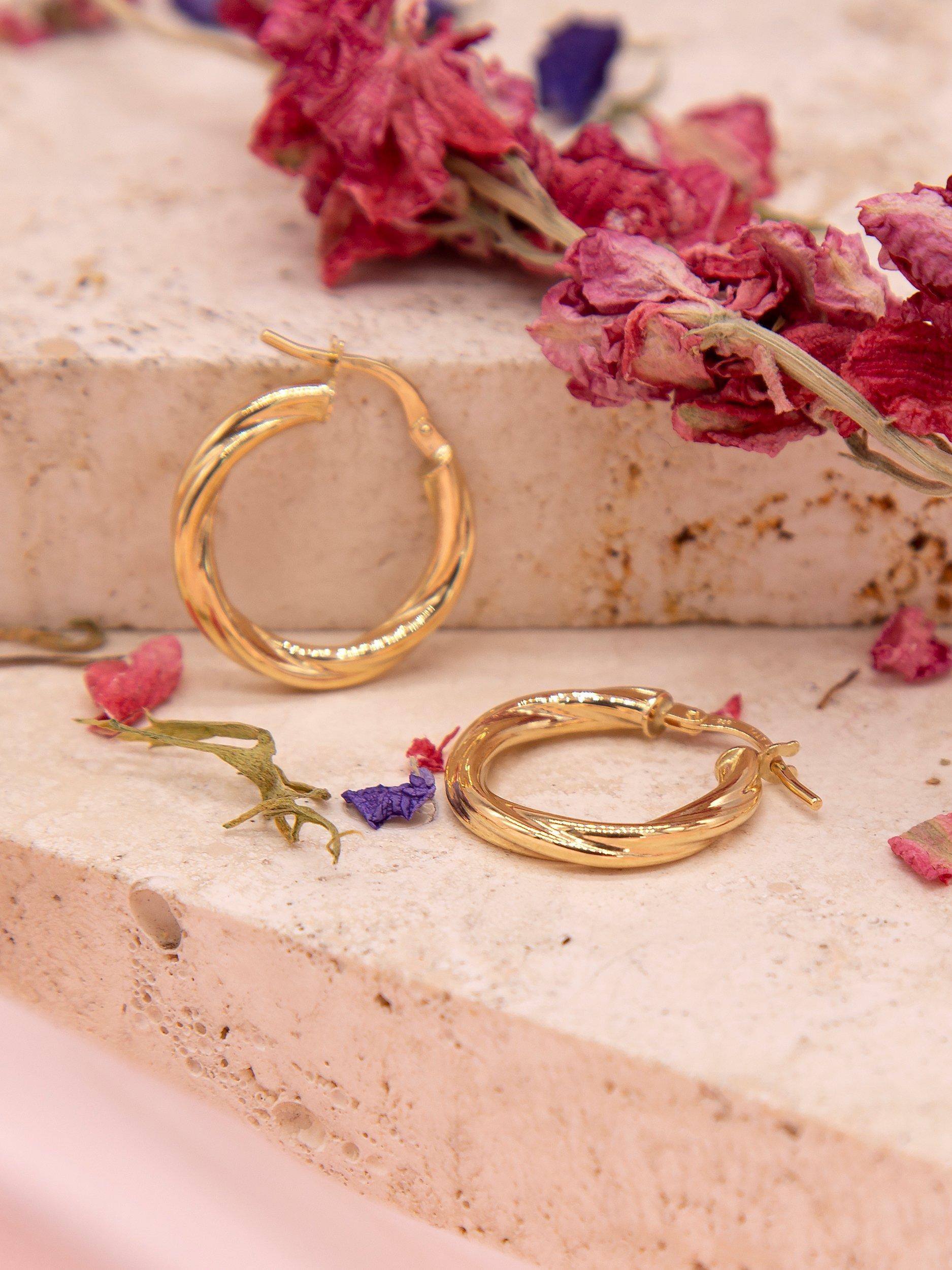 Product image 3 of 5, which shows IBB 18ct Yellow Gold Hollow Twisted Tube Earrings, Gold
