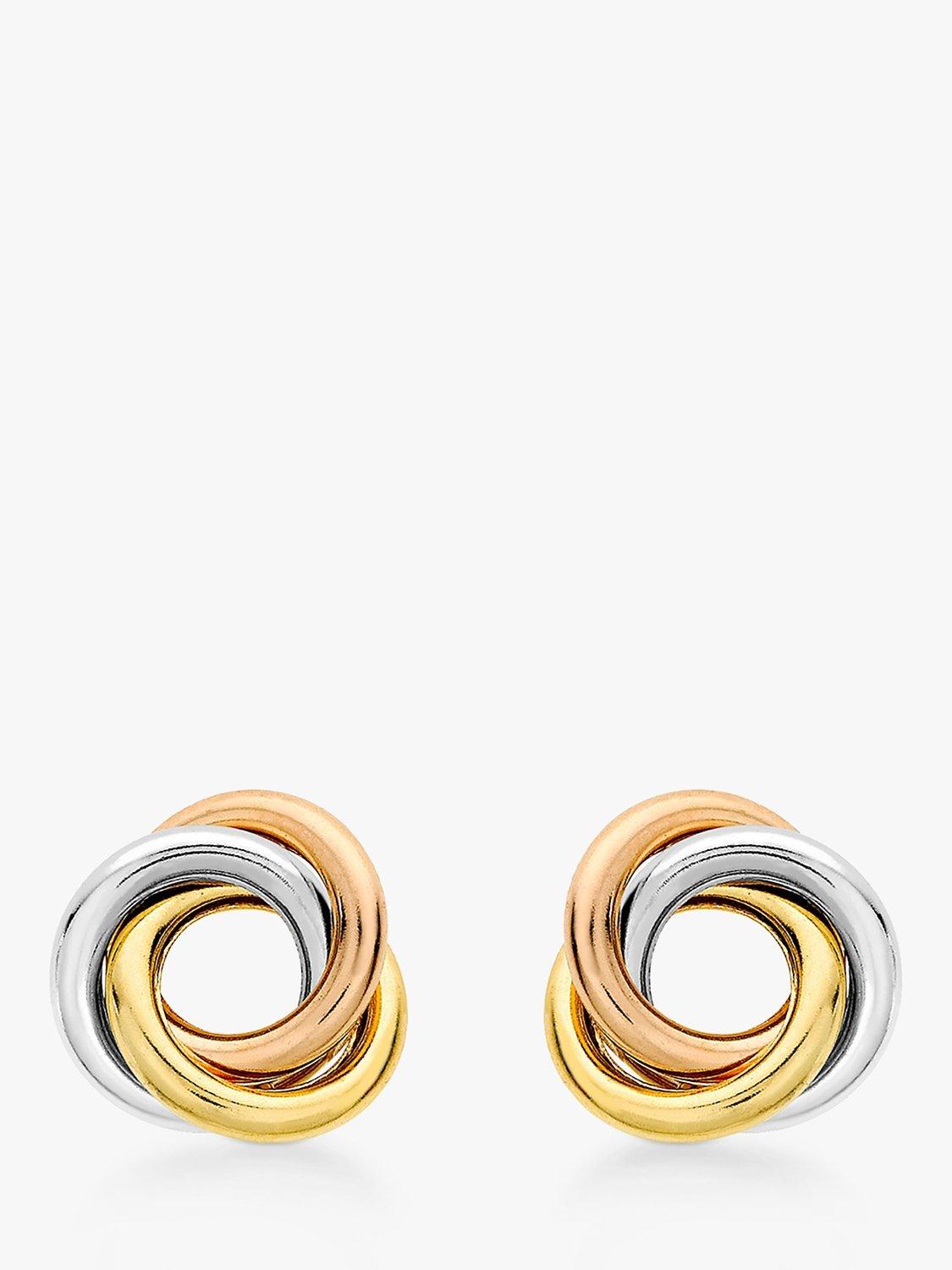 Product image 1 of 2, which shows IBB 18ct White, Yellow and Rose Gold Trinity Knot Stud Earrings, Multi