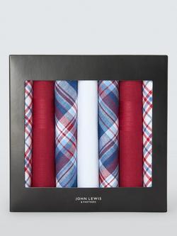 John Lewis Plain & Check Cotton Handkerchiefs, Pack of 7, Red Multi, Red Multi