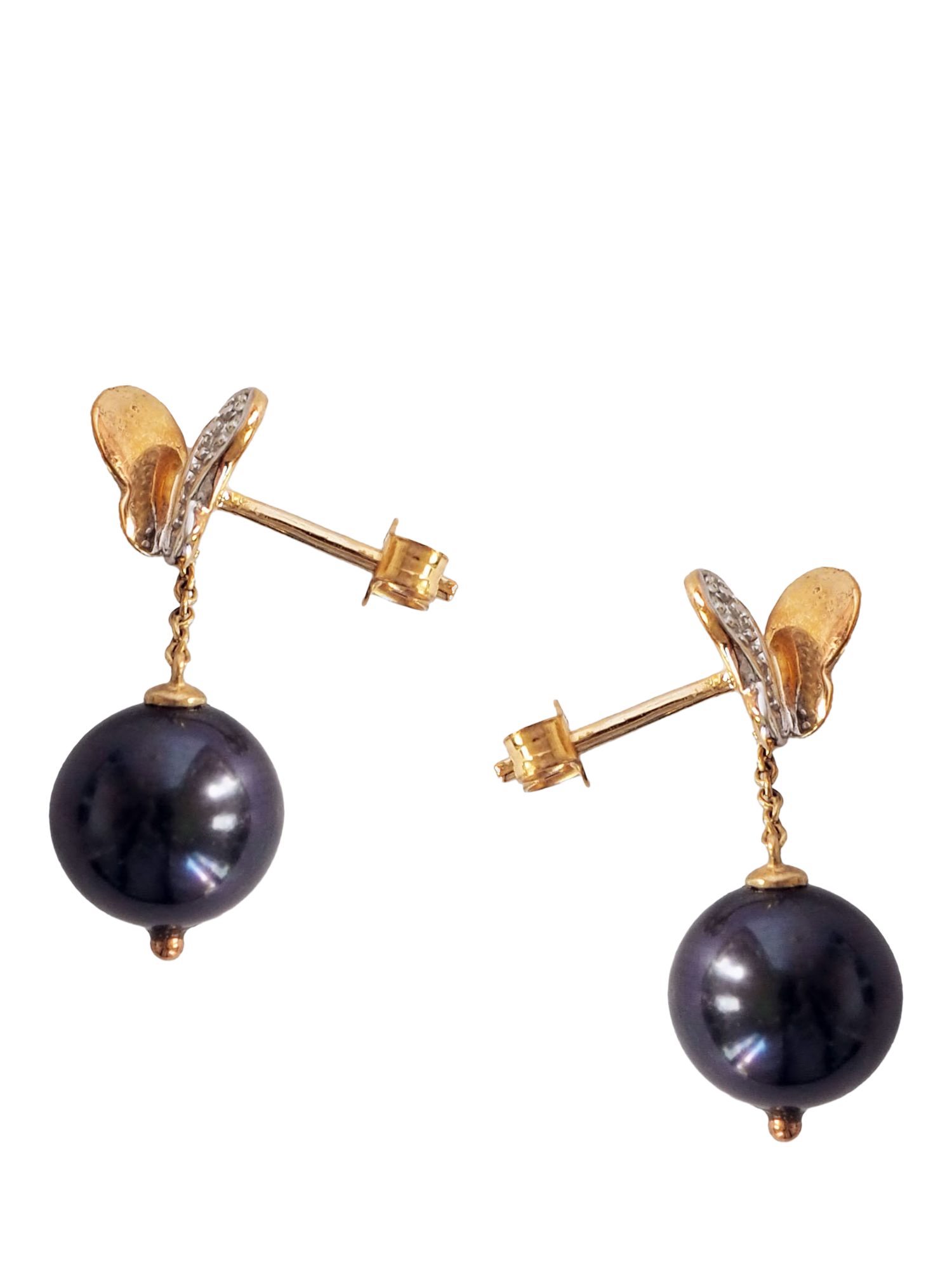 Product image 1 of 1, which shows L & T Heirlooms Pre-Loved 9ct Yellow Gold Butterfly Diamond and Black Pearl Drop Earrings
