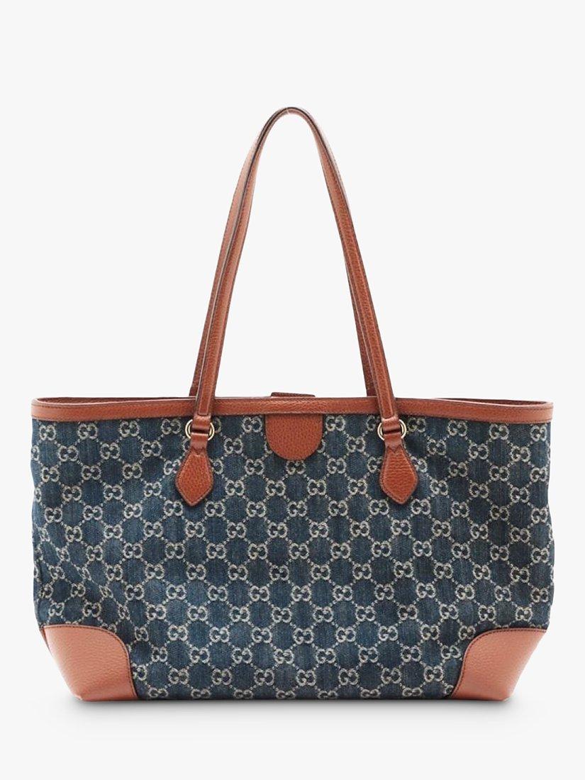 Product image 2 of 10, which shows Pre-loved GUCCI Monogram Canvas and Leather Trim Tote Bag, Blue Denim