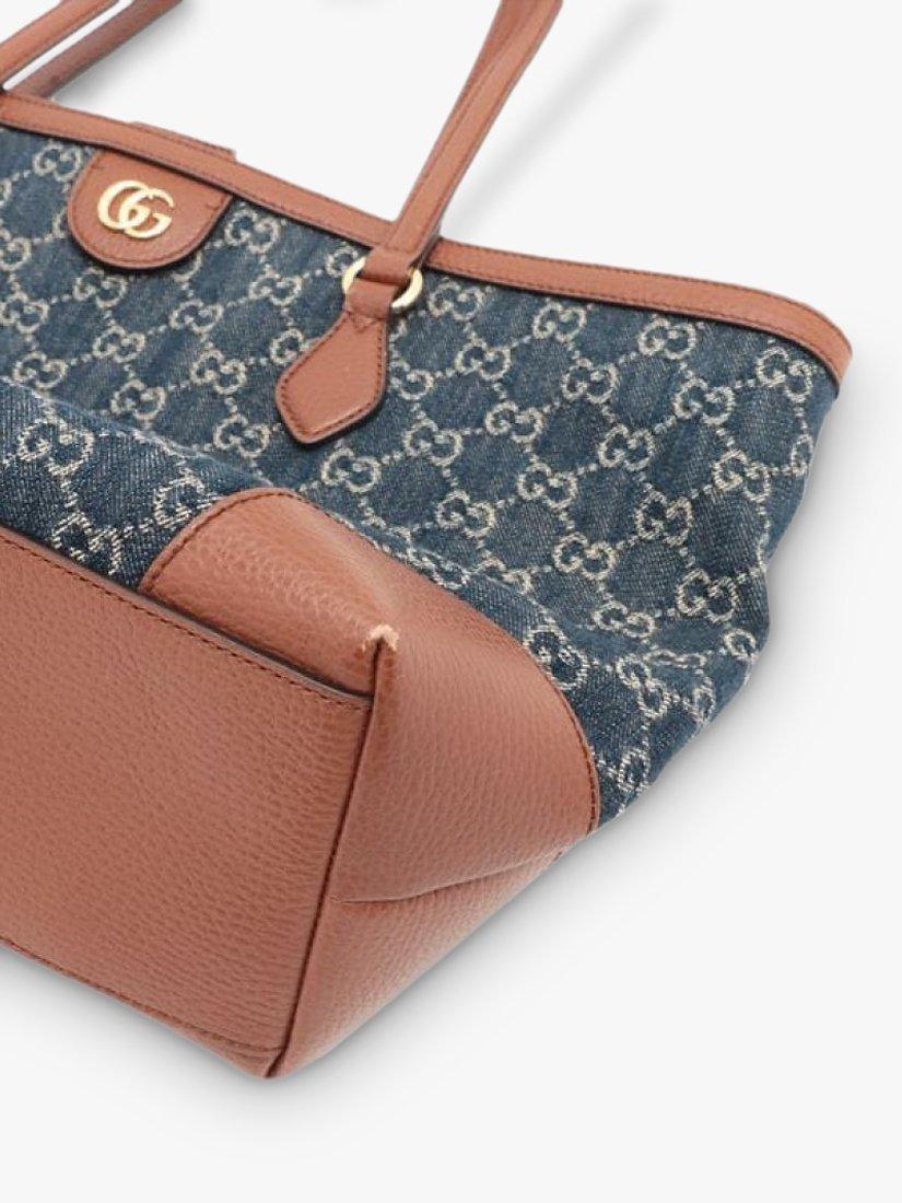 Product image 3 of 10, which shows Pre-loved GUCCI Monogram Canvas and Leather Trim Tote Bag, Blue Denim