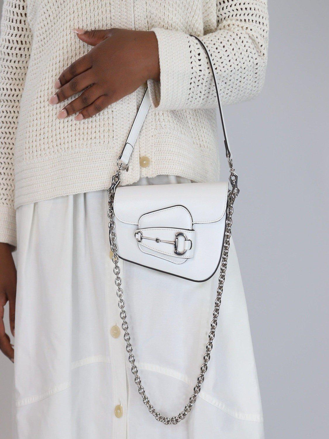 Product image 8 of 8, which shows Pre-loved GUCCI 1955 Leather Asymmetric Horsebit Mini Leather Bag, White