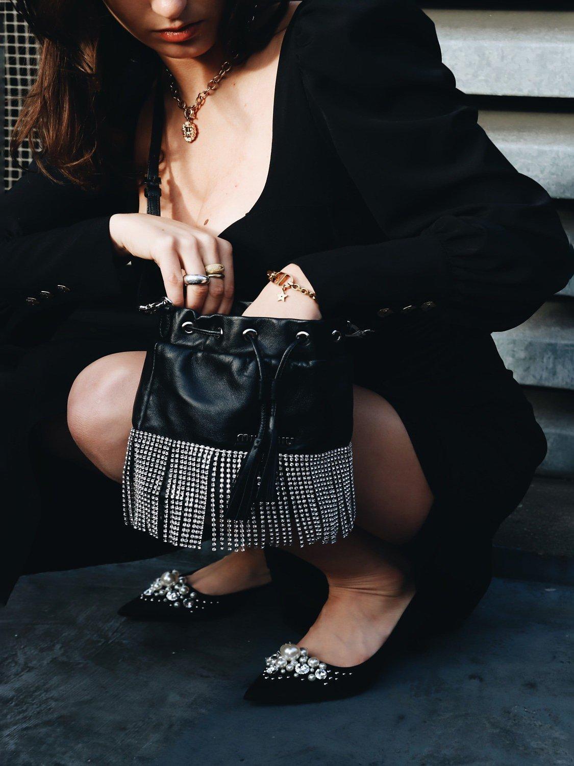 Pre-loved Miu Miu Crystal Fringed Leather Bucket Bag, Black