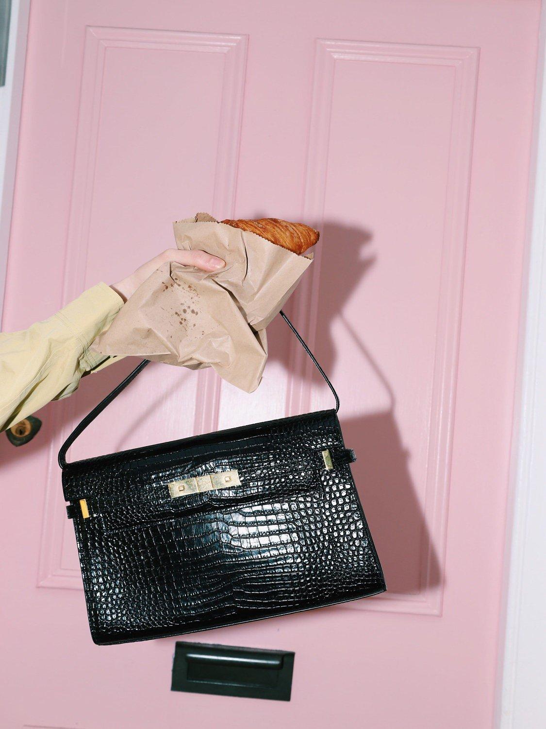 Product image 2 of 10, which shows Pre-loved SAINT LAURENT Manhattan Embossed Shiny Leather Shoulder Bag, Black