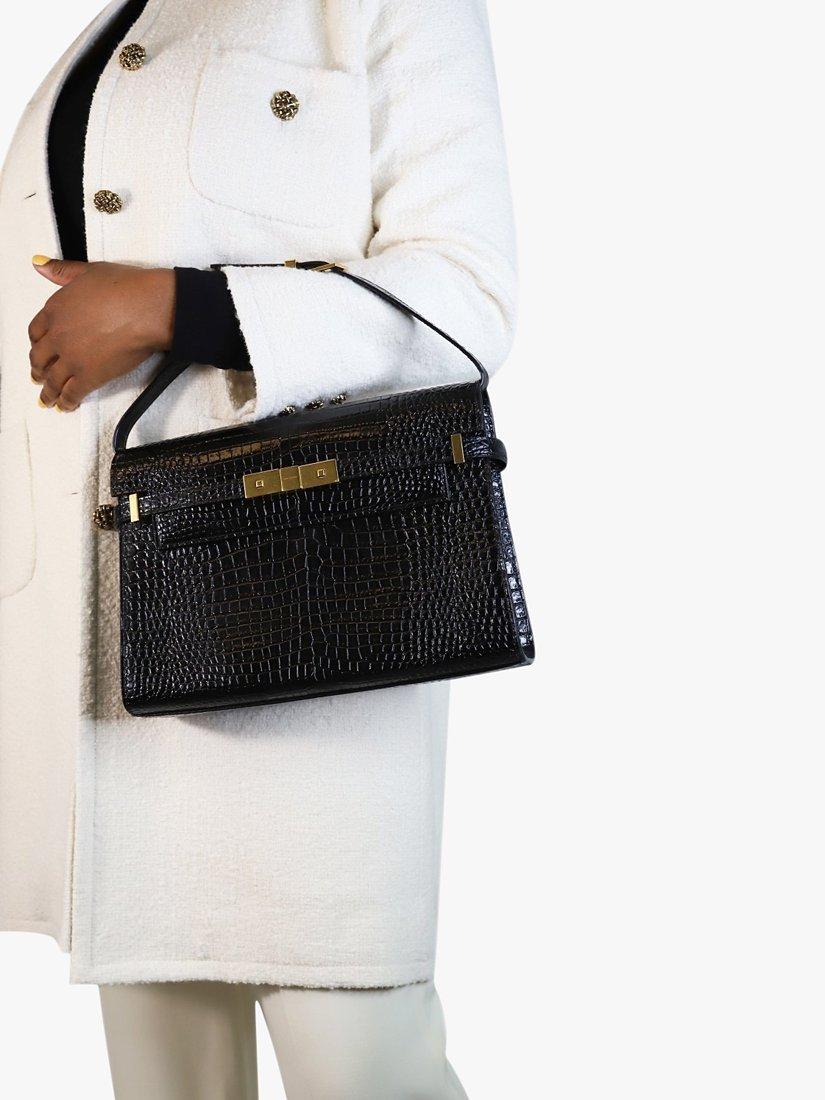 Product image 3 of 10, which shows Pre-loved SAINT LAURENT Manhattan Embossed Shiny Leather Shoulder Bag, Black