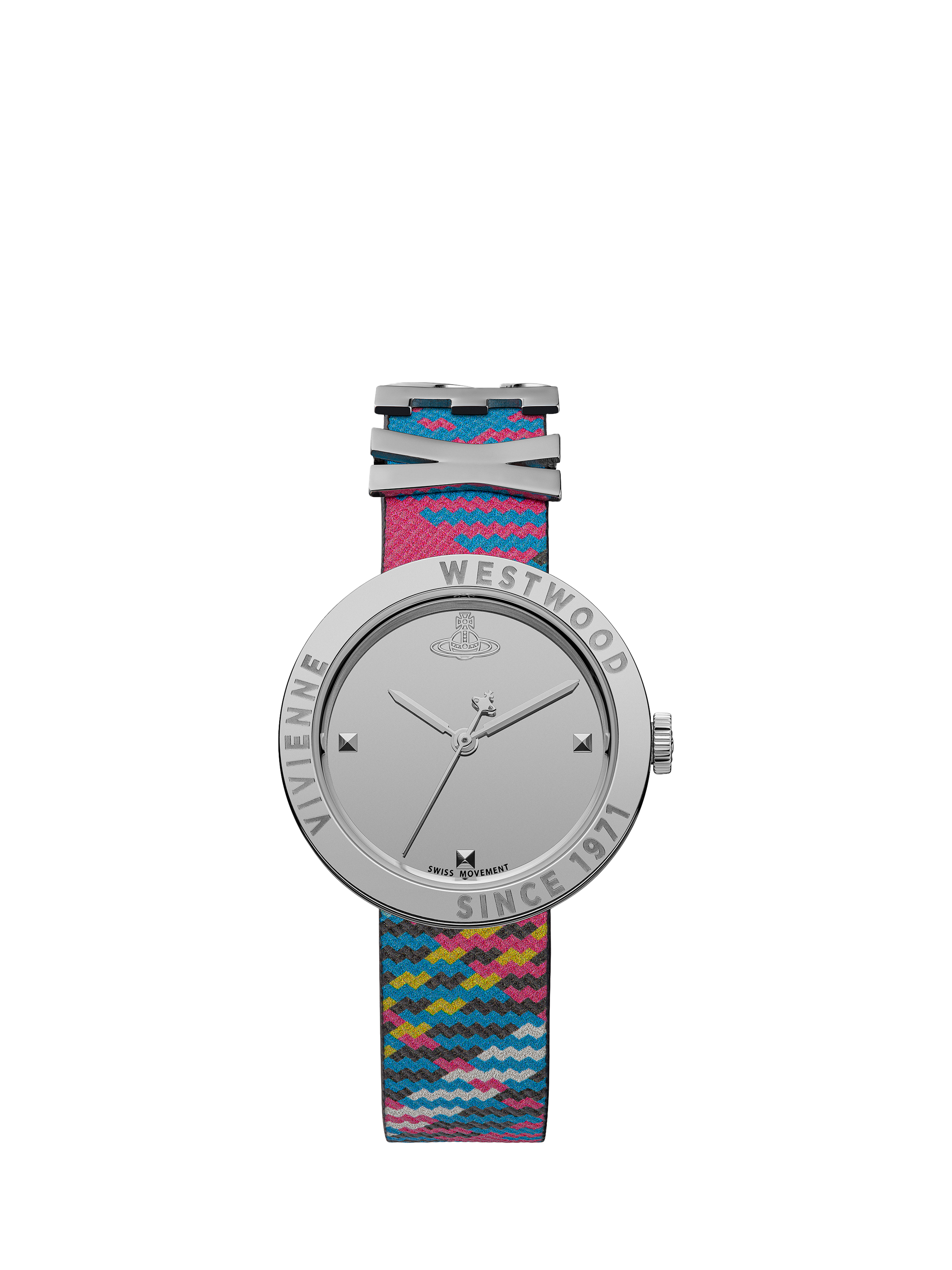 Product image 1 of 6, which shows Vivienne Westwood Women's Rebel Vegan Leather Strap Watch, VV303SLMT Silver/Multi