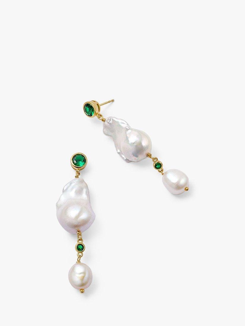 Product image 1 of 3, which shows Daisy London Double Baroque Pearl Drop Earrings, Gold/White/Green