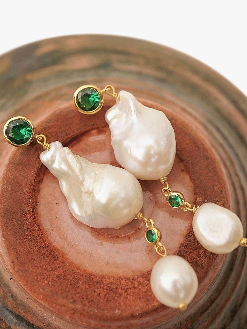 Product image 2 of 3, which shows Daisy London Double Baroque Pearl Drop Earrings, Gold/White/Green