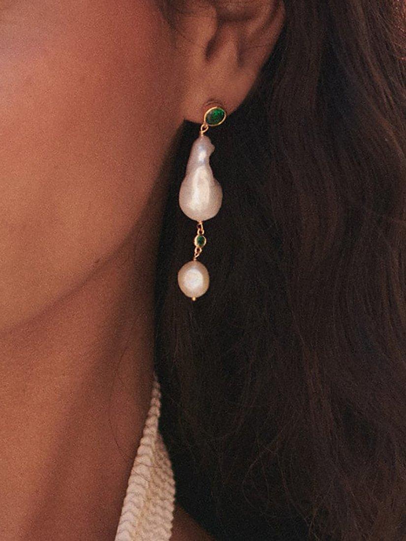 Product image 3 of 3, which shows Daisy London Double Baroque Pearl Drop Earrings, Gold/White/Green