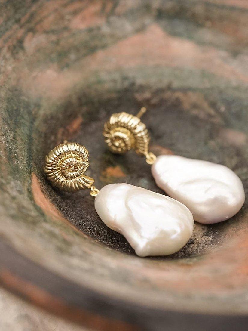 Product image 2 of 3, which shows Daisy London Shell Baroque Pearl Drop Earrings, Gold