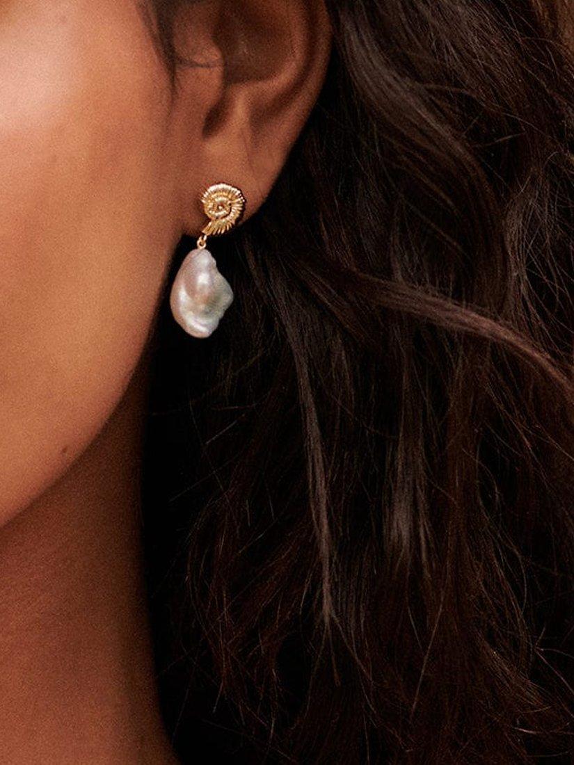 Product image 3 of 3, which shows Daisy London Shell Baroque Pearl Drop Earrings, Gold