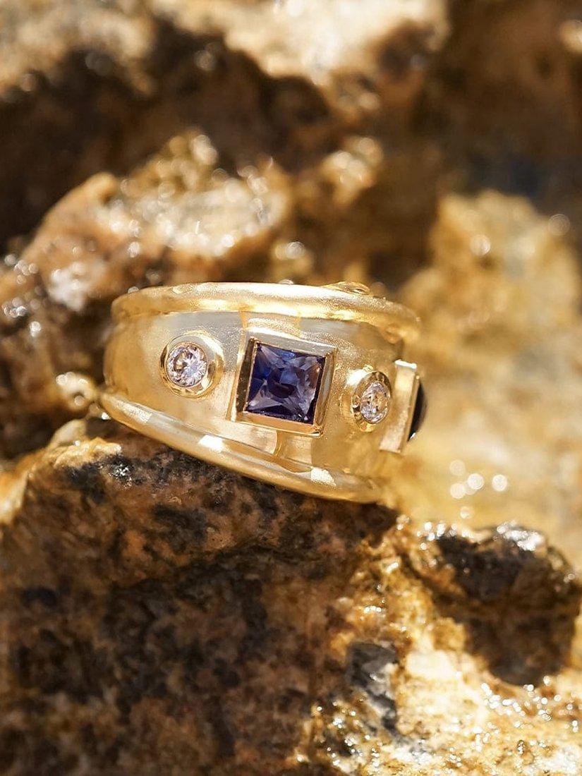 Product image 2 of 3, which shows Daisy London Chunky Stone Textured Ring, Gold/Blue, L