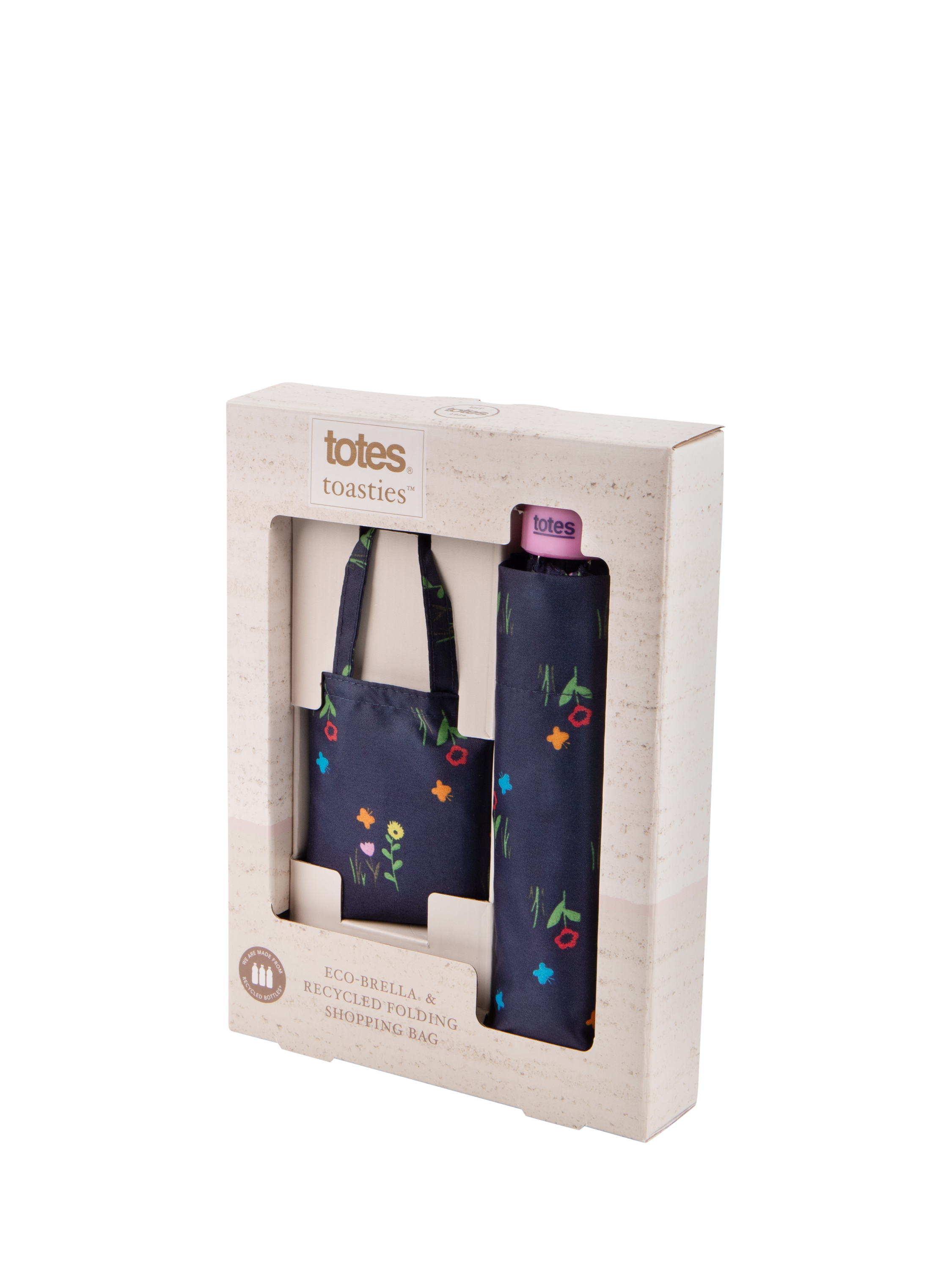 totes ECO Umbrella Matching Shopper Bag Set Navy Fowers