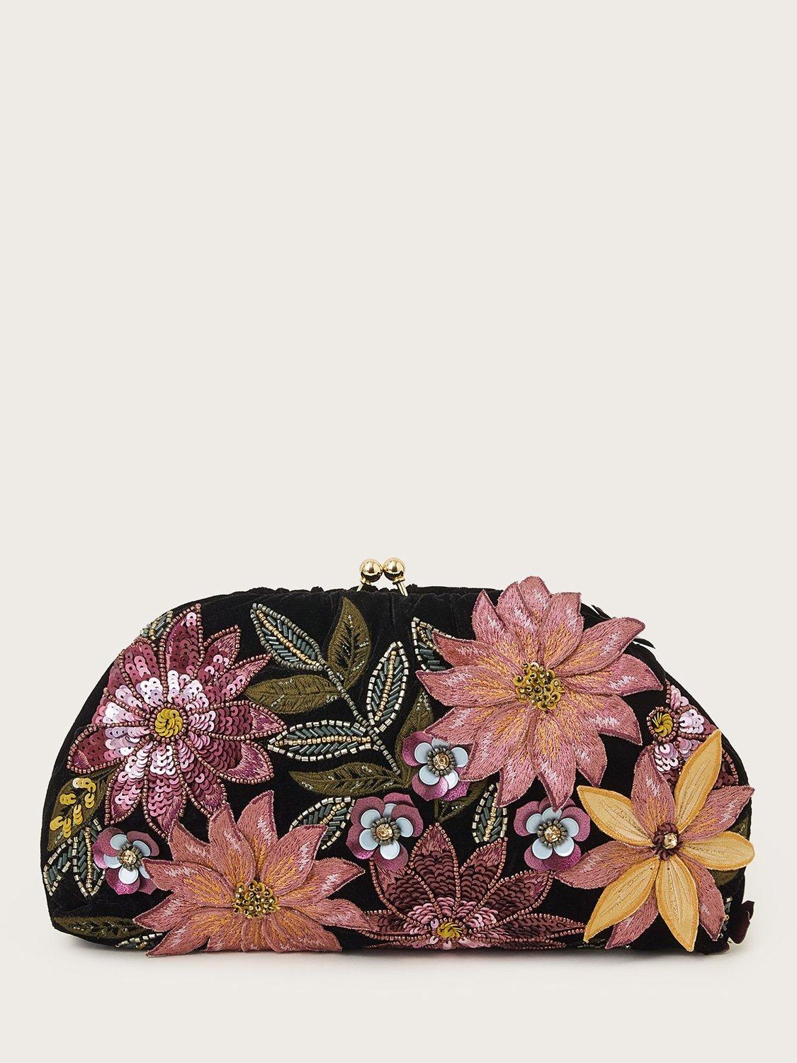 Monsoon Floral Embellished Clutch Bag Black Multi