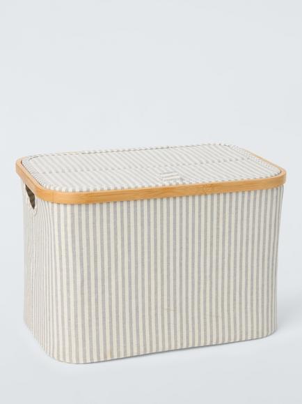 John Lewis Bamboo Rim Lidded Storage Basket, H25 x W38 x D26cm, Grey Stripe