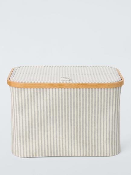 John Lewis Bamboo Rim Lidded Storage Basket, H25 x W38 x D26cm - view 2, Grey Stripe