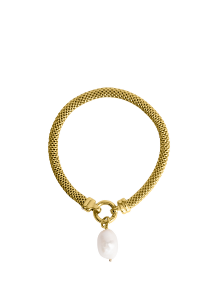 LARNAUTI Freshwater Pearl Drop Mesh Bracelet, Gold, Gold