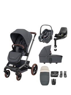 Maxi-Cosi Fame Pushchair and Carrycot with Pebble 360 Car Seat, FamilyFix 360 ISOFIX Car Seat Base, 2-in-1 Footmuff and Cup Holder Bundle, Twillic Graphite, Twillic Graphite