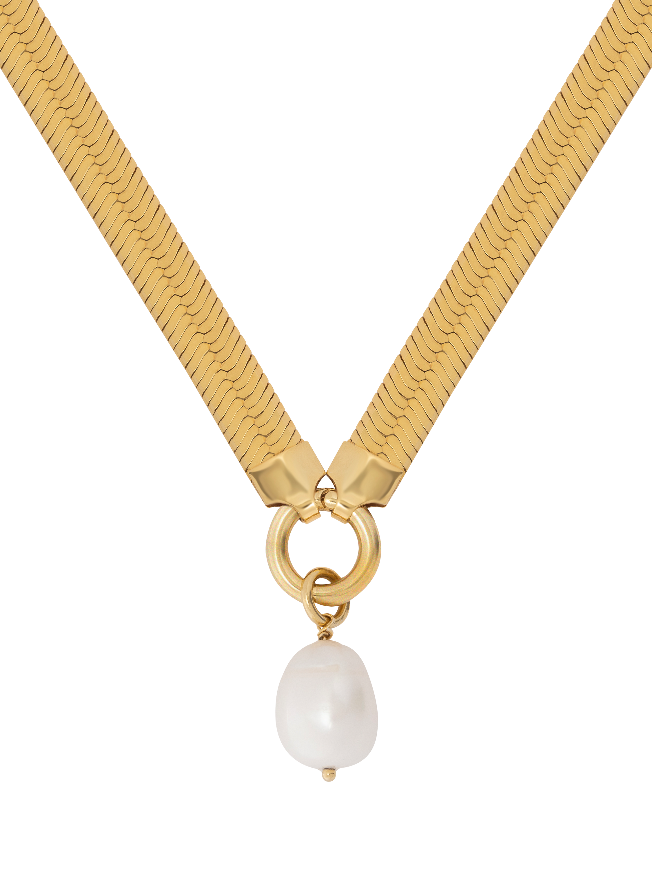 Product image 1 of 3, which shows LARNAUTI Freshwater Pearl Drop Herringbone Chain Necklace, Yellow Gold