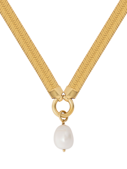 LARNAUTI Freshwater Pearl Drop Herringbone Chain Necklace, Yellow Gold, Yellow Gold
