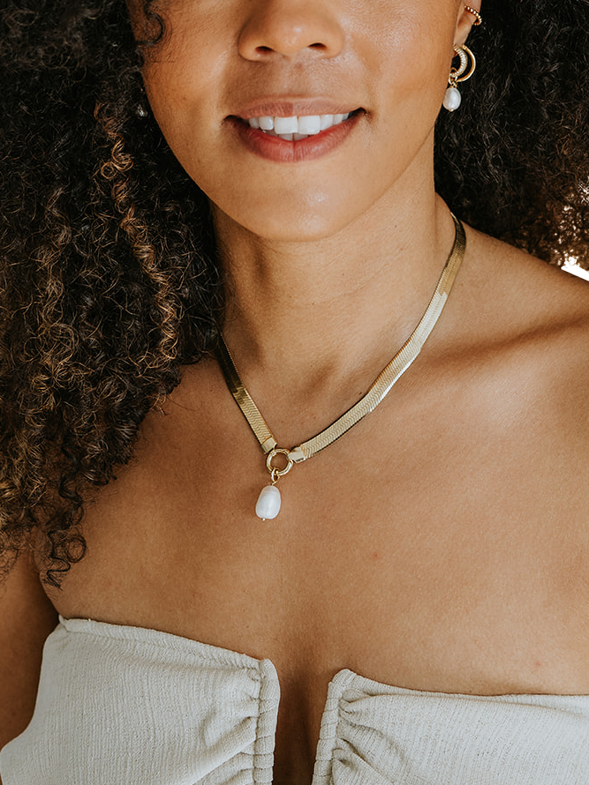 Product image 3 of 3, which shows LARNAUTI Freshwater Pearl Drop Herringbone Chain Necklace, Yellow Gold
