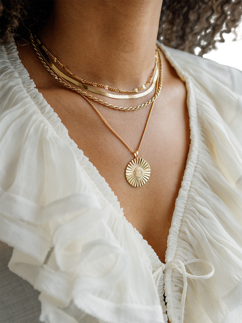 Product image 2 of 4, which shows LARNAUTI Textured Large Pendant Necklace, Yellow Gold