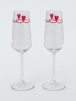 John Lewis Heart Border Champagne Glass Flute, Set of 2, 200ml, Clear/Red, Clear/Red
