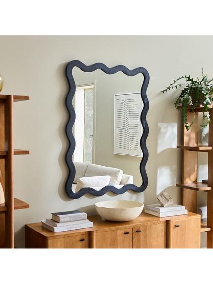 West Elm Wavy Mango Wood Wall Mirror, 120 x 89cm, Black - view 2, Wood