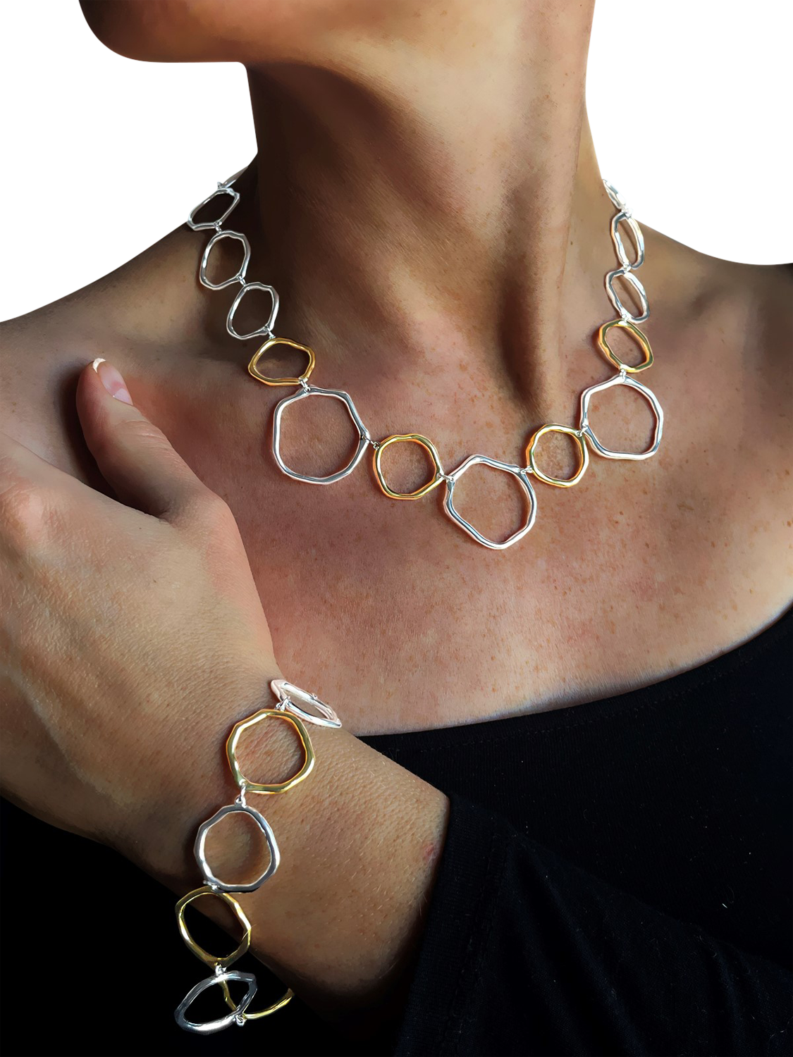 Product image 3 of 4, which shows Nina B Organic Circles Collar Necklace, Silver/Gold