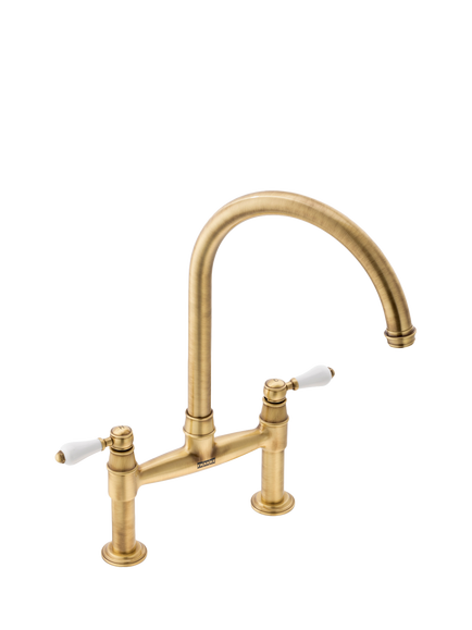 Franke Gloriana Classic Swivel J Spout Bridge 2 Lever Kitchen Tap, Brass