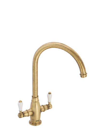 Franke Gloriana Classic Swivel J Spout 2 Lever Kitchen Tap, Brass