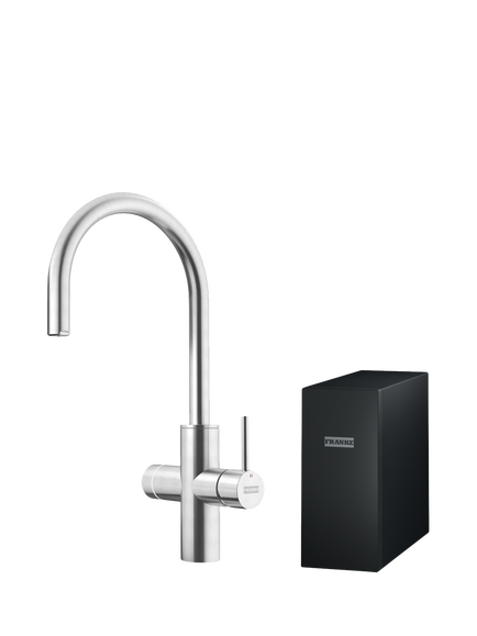 Franke Mythos Water Filter Hub 6-in-1 Instant Boiling Hot Water Swivel J Spout Single Lever Electric Kitchen Tap, Stainless Steel, Stainless Steel