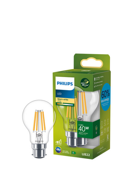 Philips Ultra Efficient 2.3W B22 LED Classic Bulb, Warm White, White White