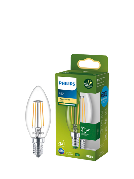 Philips Ultra Efficient 2.3W E14 LED Candle Bulb, White/Clear, White