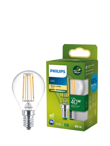 Philips Ultra Efficient 2.3W E14 LED Classic Bulb, Warm White, White White