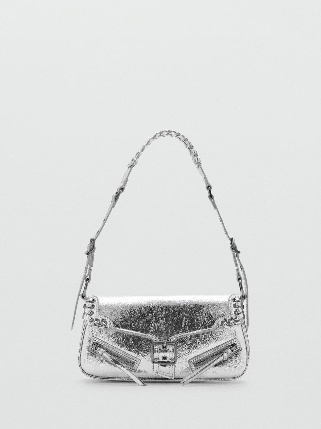 Mango Valentin Buckle Detail Shoulder Bag, Silver