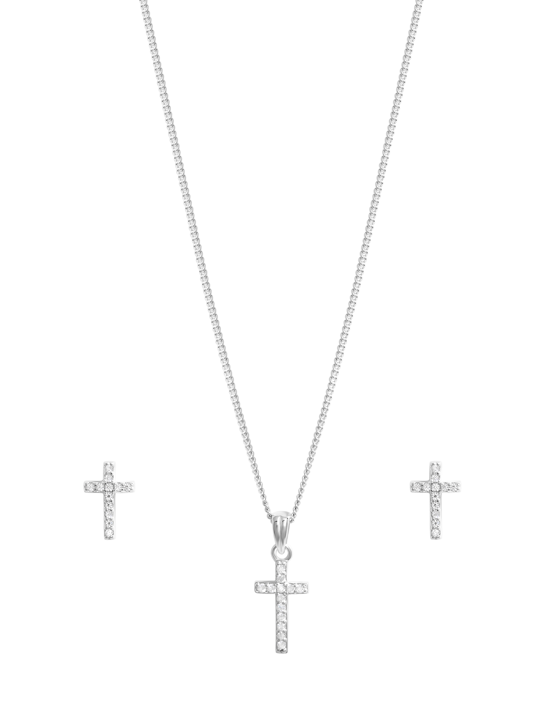 Product image 2 of 4, which shows Simply Silver Cubic Zirconia Cross Earrings & Necklace Set, Silver